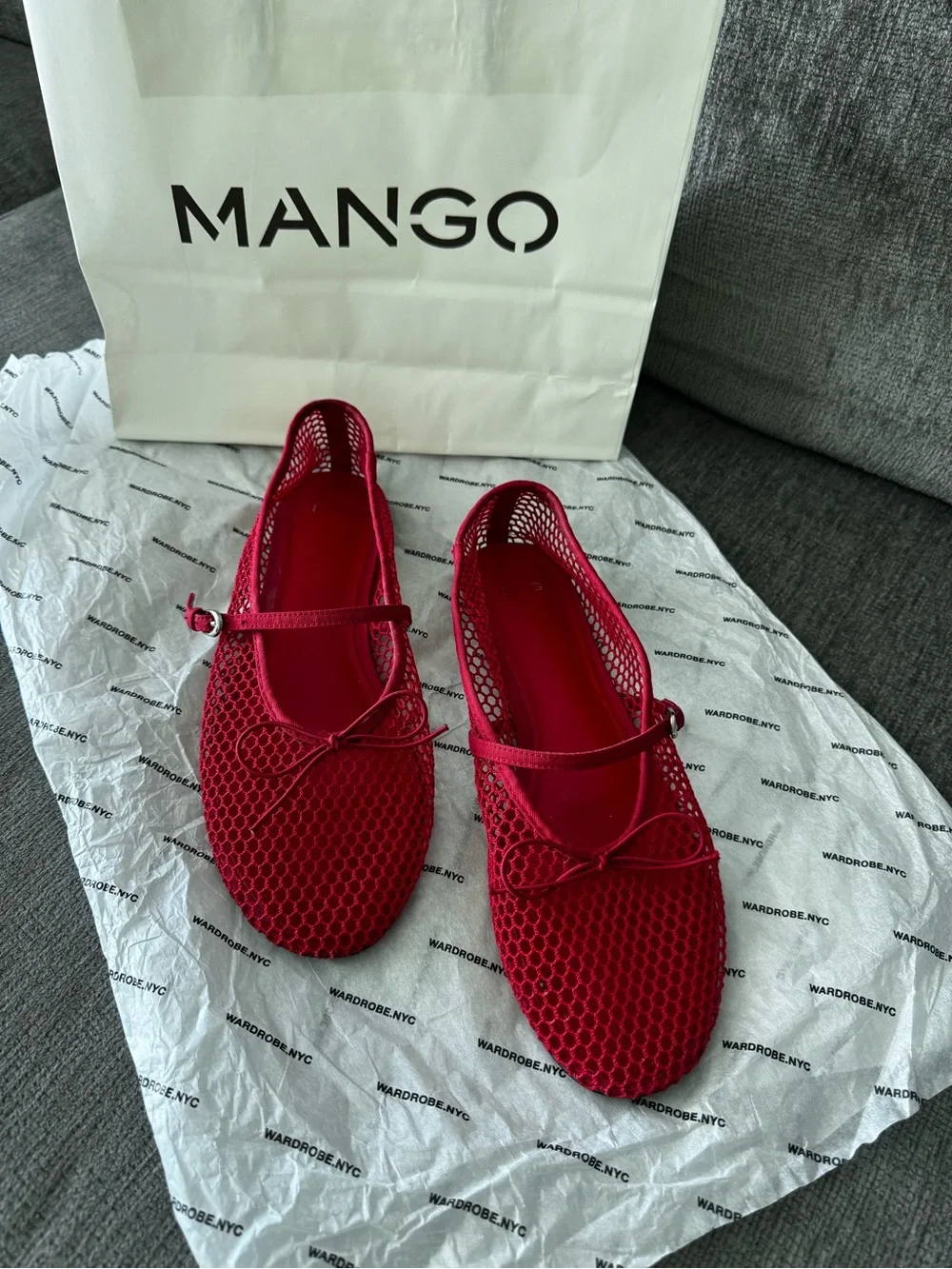 Mango Bright Red Mesh Mary Jane Ballerina Flats with Bow FINAL SALE